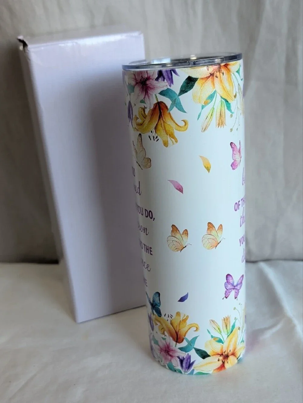 Floral Butterflies Inspirational Travel Tumbler - Purple Accents